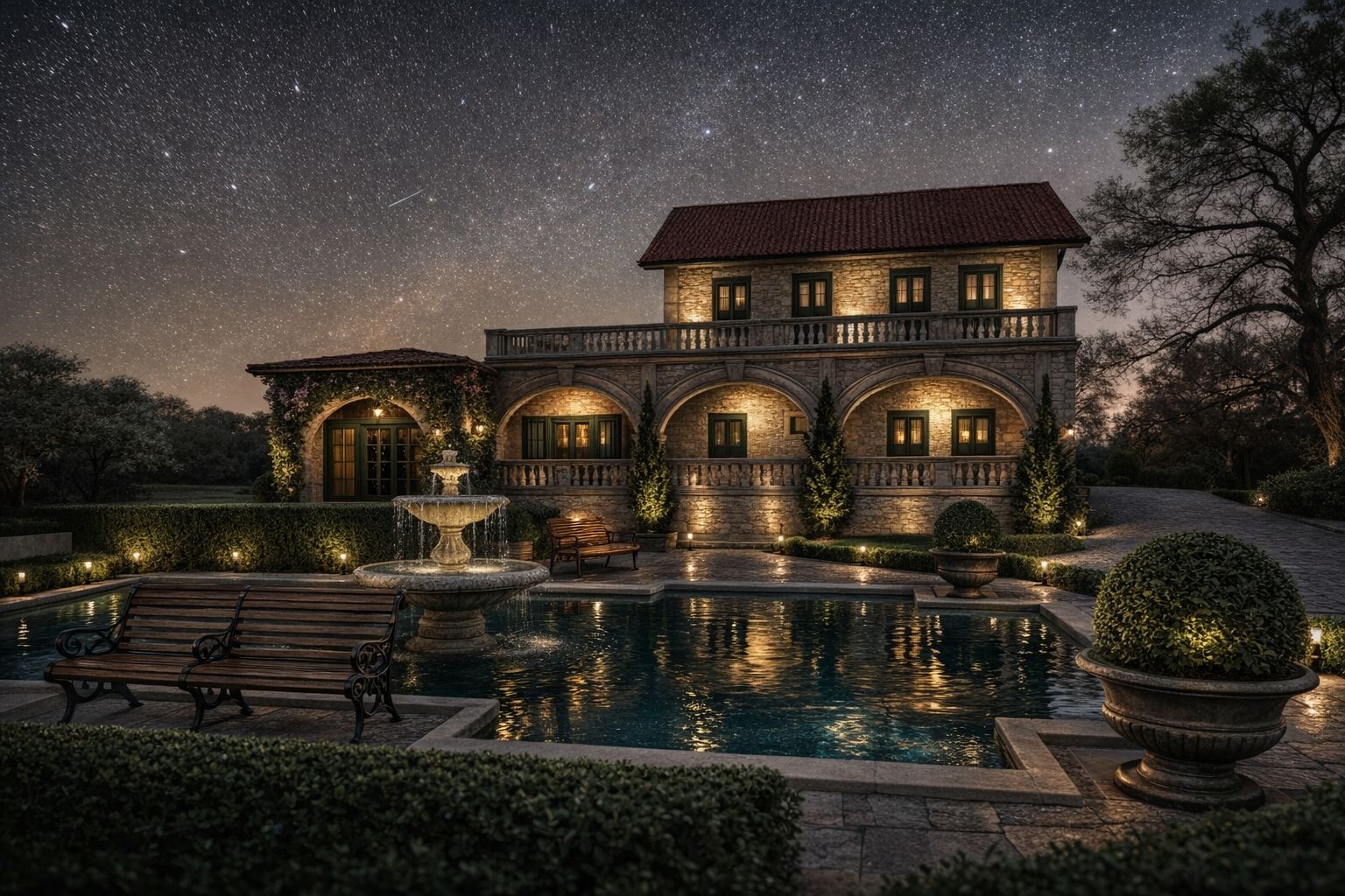 Inspiração para a Casa Sede — arcos, piscina e céu estrelado, Vinícola Joanna Sabbadini